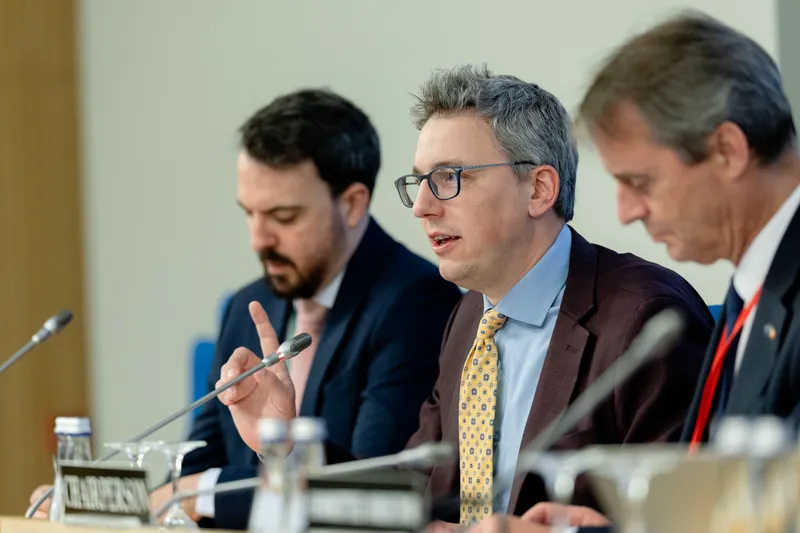 Sven Clement speaking in a committee of the NATO Parliamentary Assembly